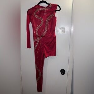 Weissman red asymmetrical dance unitard with rhinestone embellishments